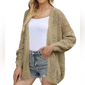 Revamped  olive green boho chic Crotchet knitted mid length open cardigan